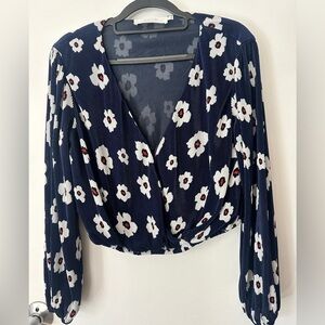 ASTR Navy Blue Floral V-Neck Wrap Blouse